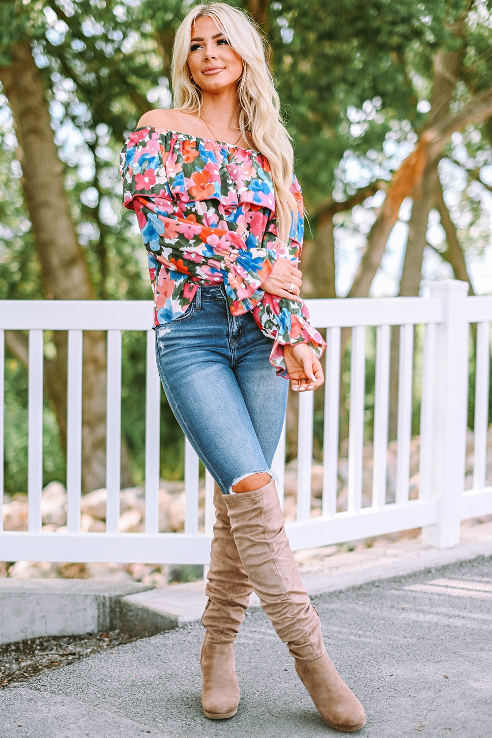 Women's Floral-Print Ruffle-Trimmed Off Shoulder Blouse