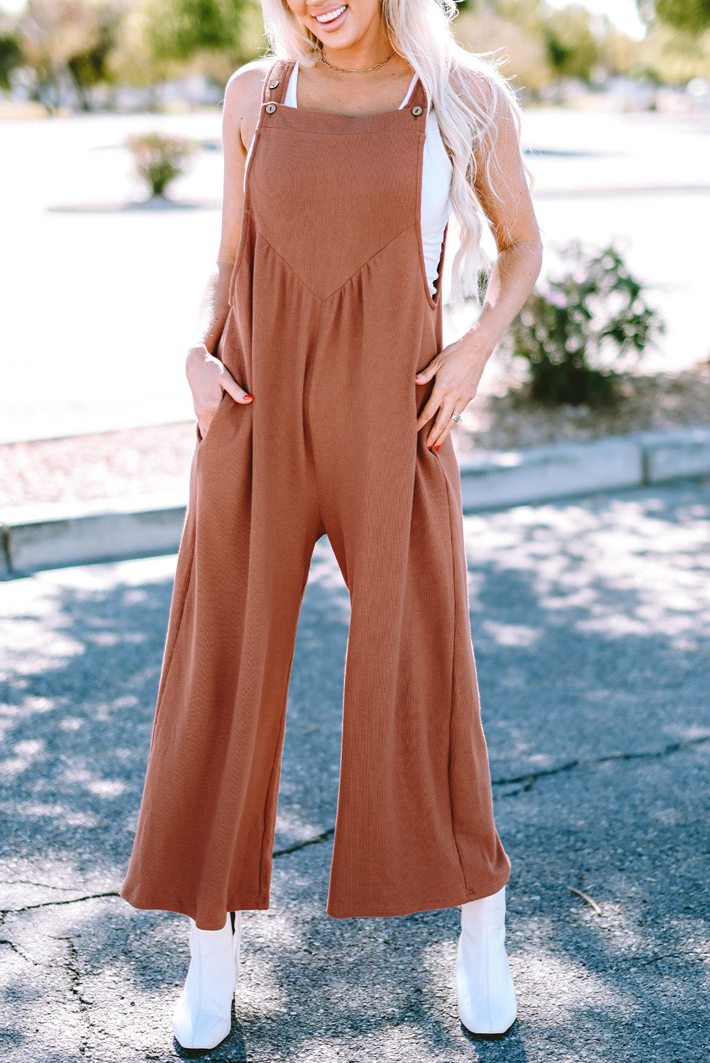 Women's Button-Front Straps Ruched Wide Leg Jumpsuit