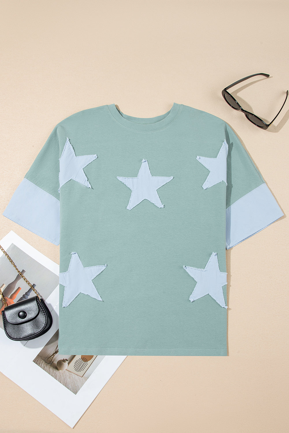 Frayed Patched Denim Star Oversize T Shirt