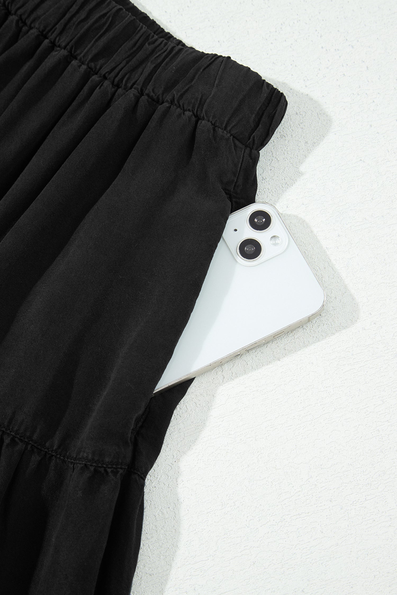 Waist Ruffled Elastic Ruffled Tiered Flared Denim Maxi Skirt in Black