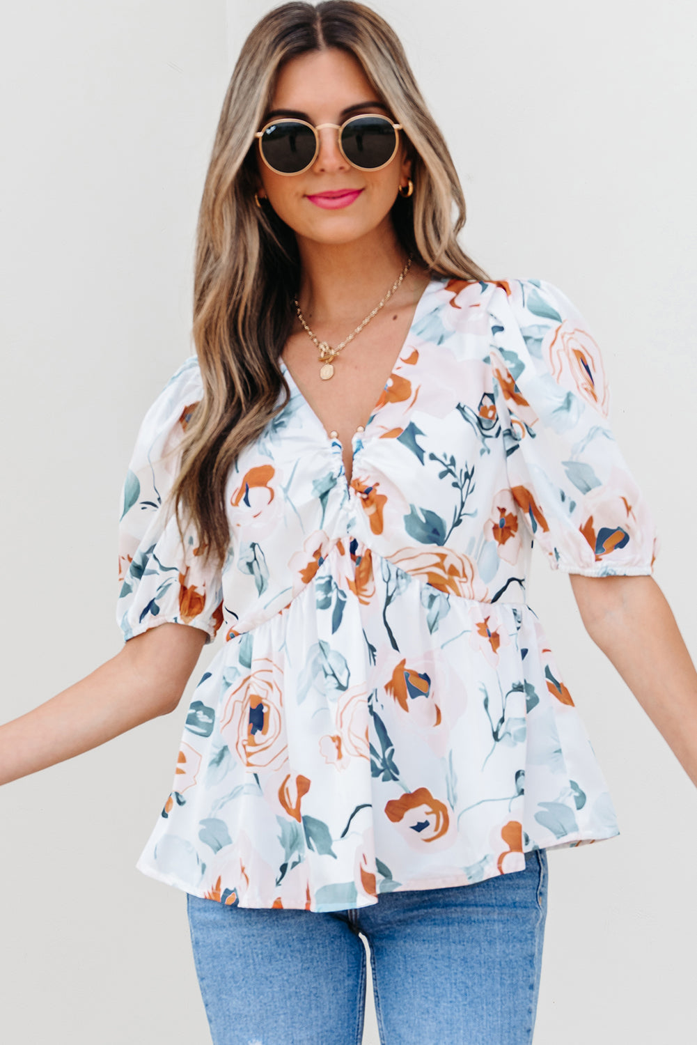 Floral-Print Puff Sleeve V-Neck Babydoll Blouse