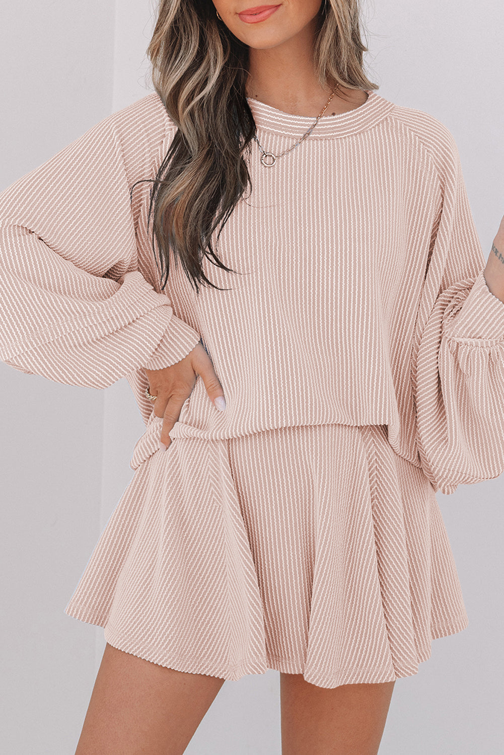 Stream Corded Jet Corded Lantern Sleeve Top High-Waisted Ruffled Mini Skort Set