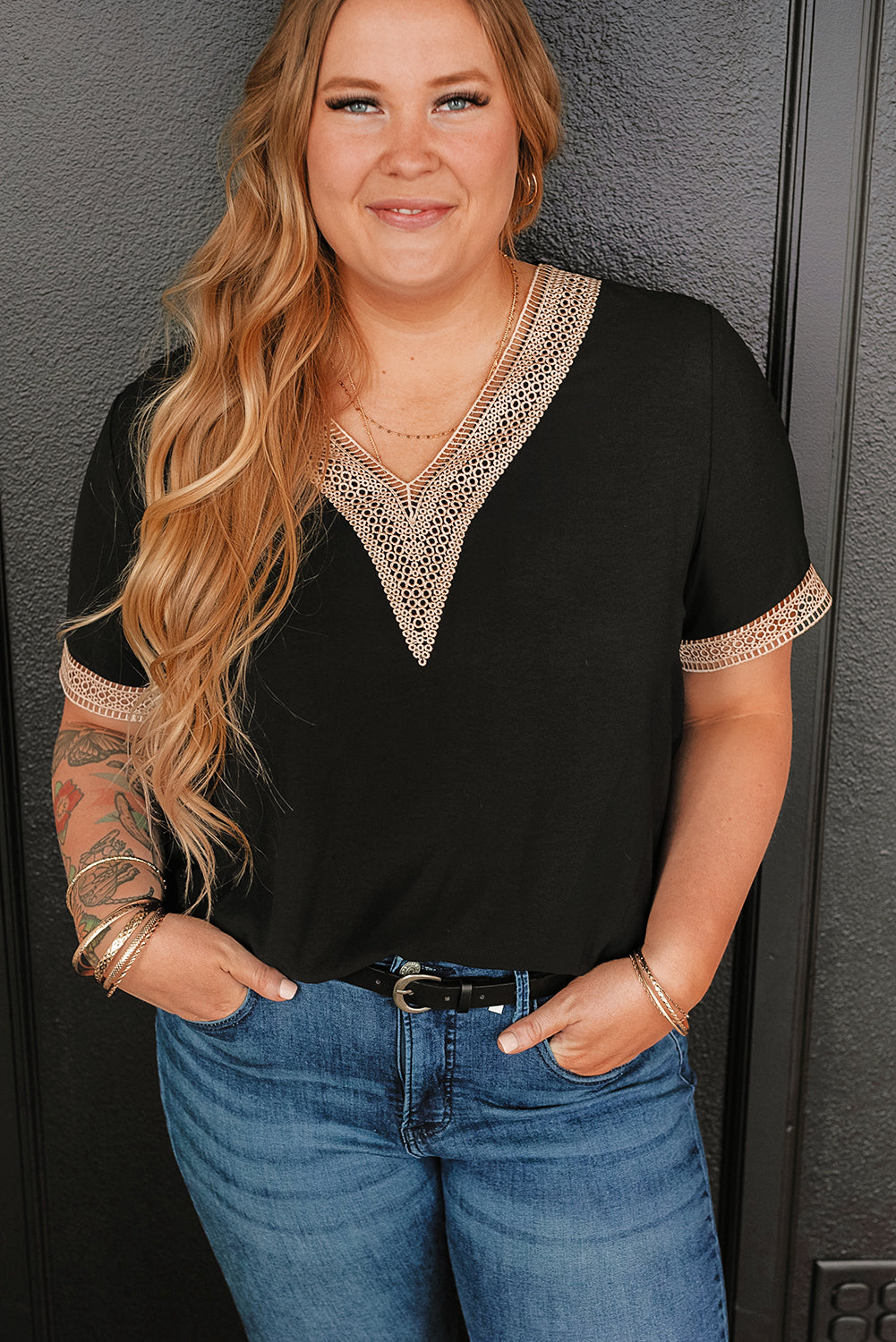 Women's Plus Size Lace-Trimmed Trim V Neck Top
