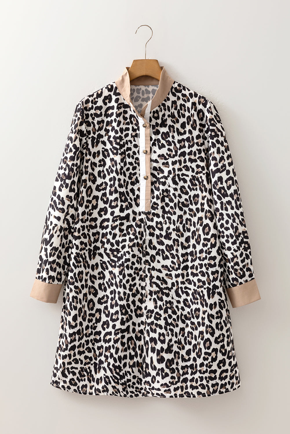 Button Leopard-Print Striped Collar Long-Sleeved Flared Dress