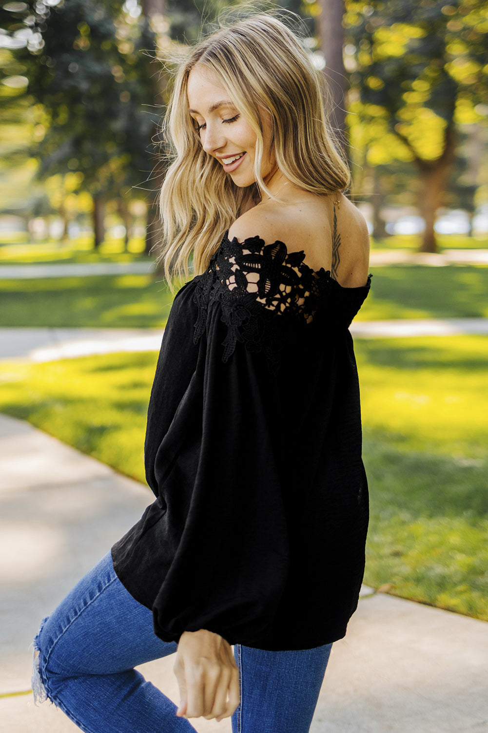 Top for Women Off The Shoulder Blooming Lace-Trimmed
