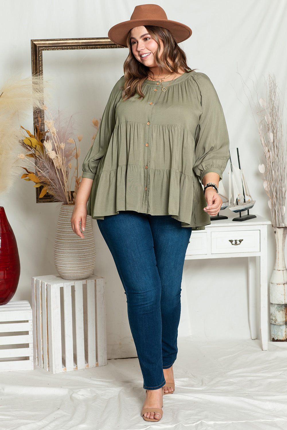 Women's Shirt Featuring Ruffle-Trimmed Layered Plus Size