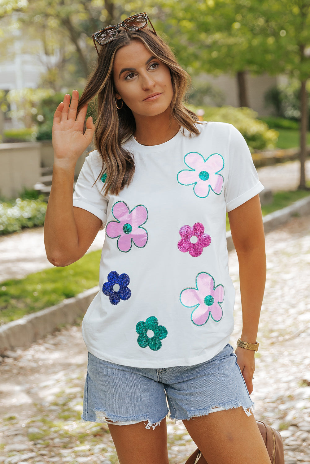 T Shirt for Women Sequined Flower Pattern Round Neck