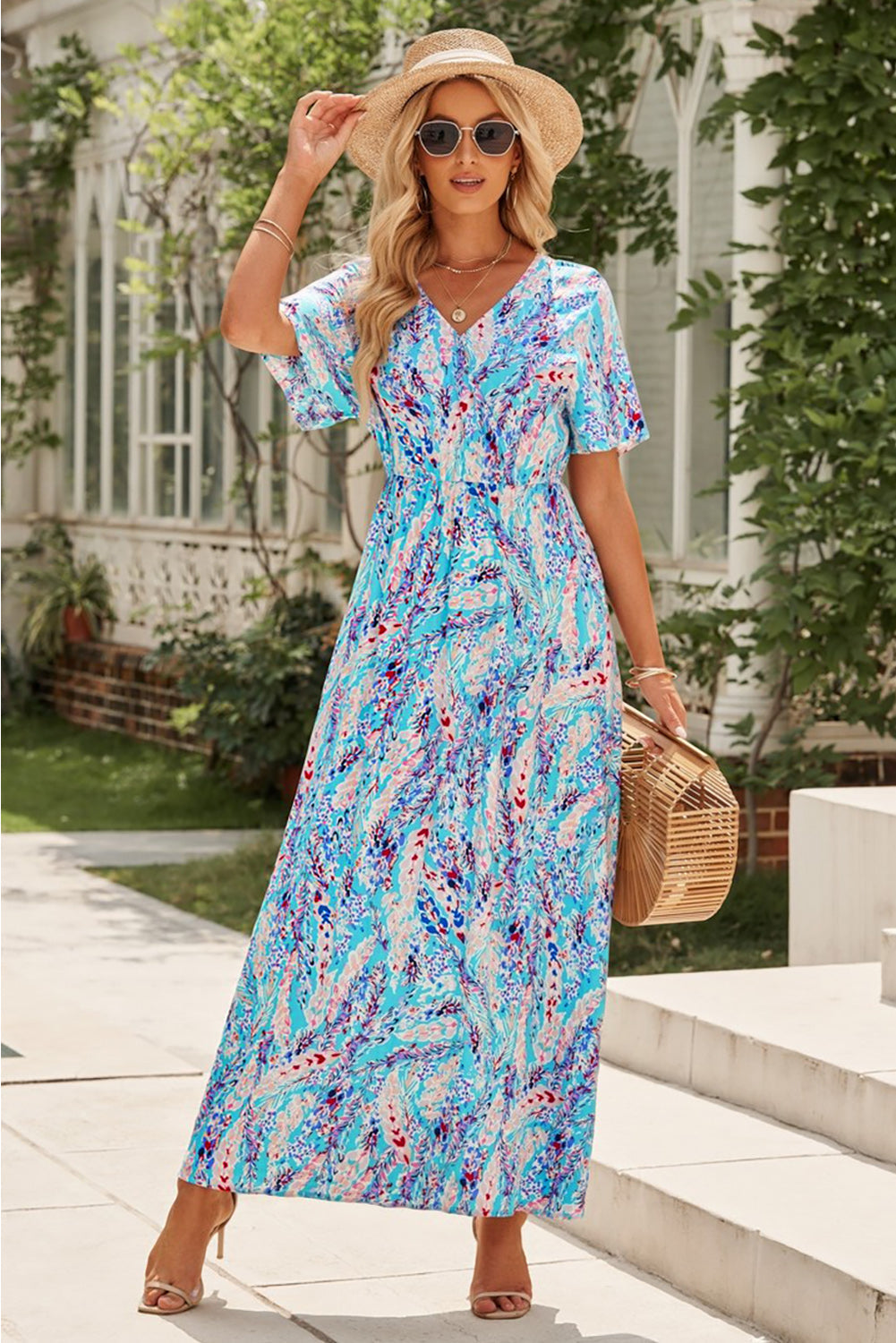 Women's Maxi Dress Featuring Wrap V Neck Floral-Print