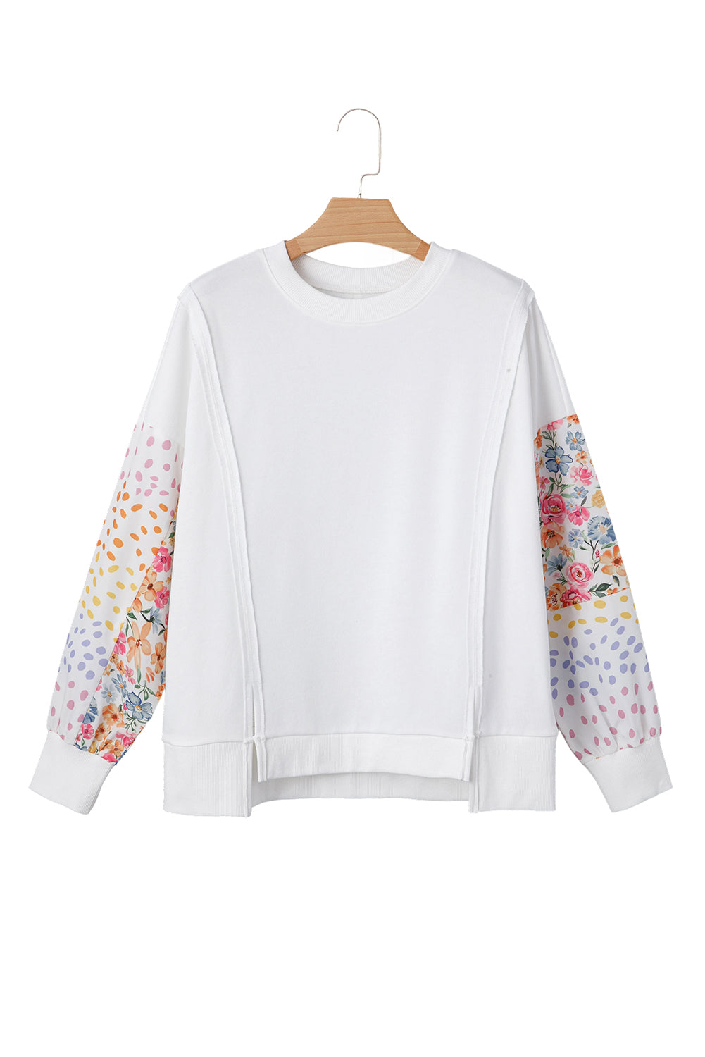 Floral Dotted Mixed Print Patchwork Sleeve High Low Everyday Sweatshirt