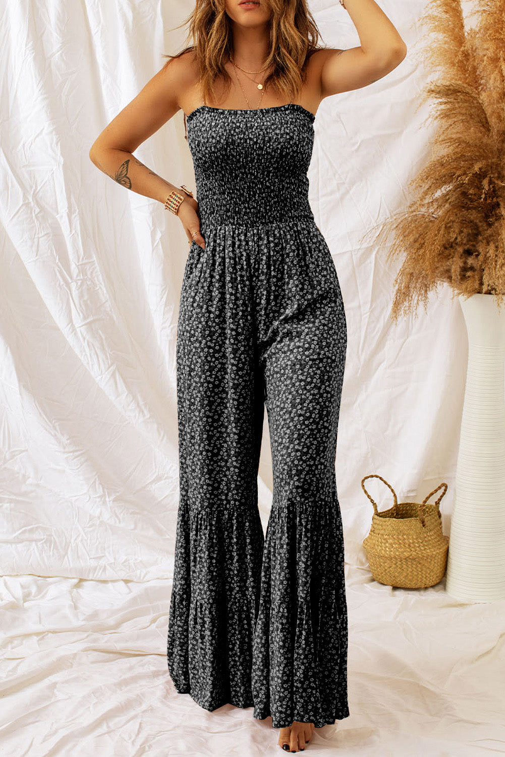 Jumpsuit for Women Straps Bodice Wide-Leg Floral-Print