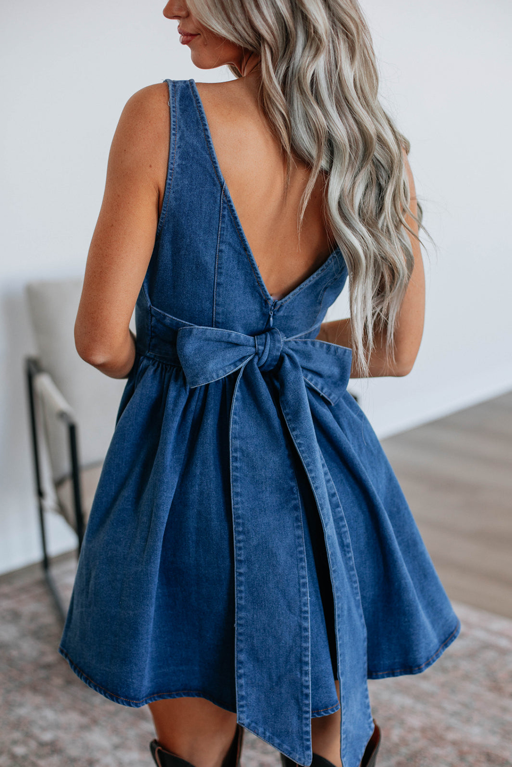 Neck Bowknot Square Bowknot A-line Sleeveless Denim Dress