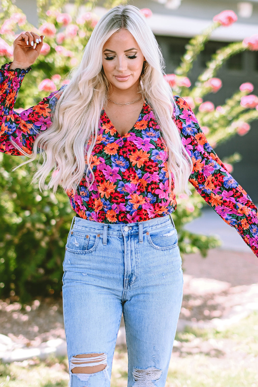 Women's Bodysuit with Wrap Long-Sleeve Floral-Print