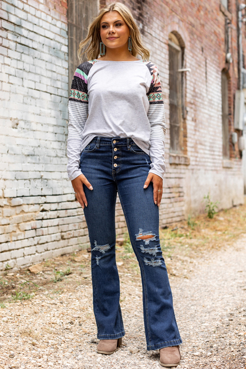 Women's Jeans with Distressed Flare Bottom Washed