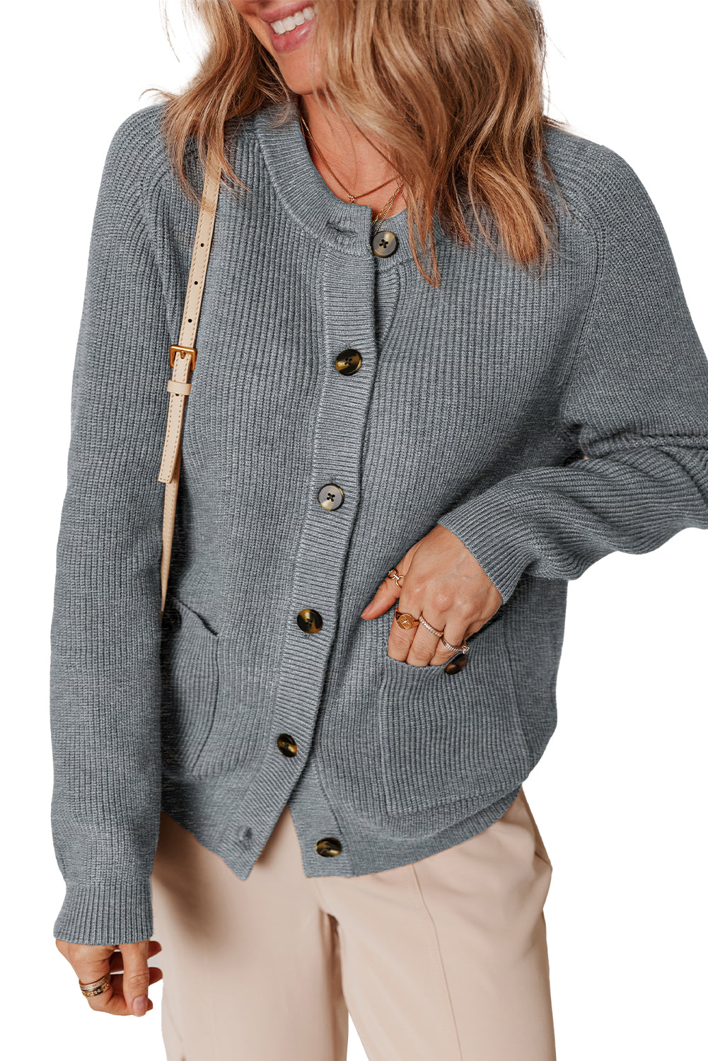 Chunky Cardigan Button-Front Round-Neck Knit Top
