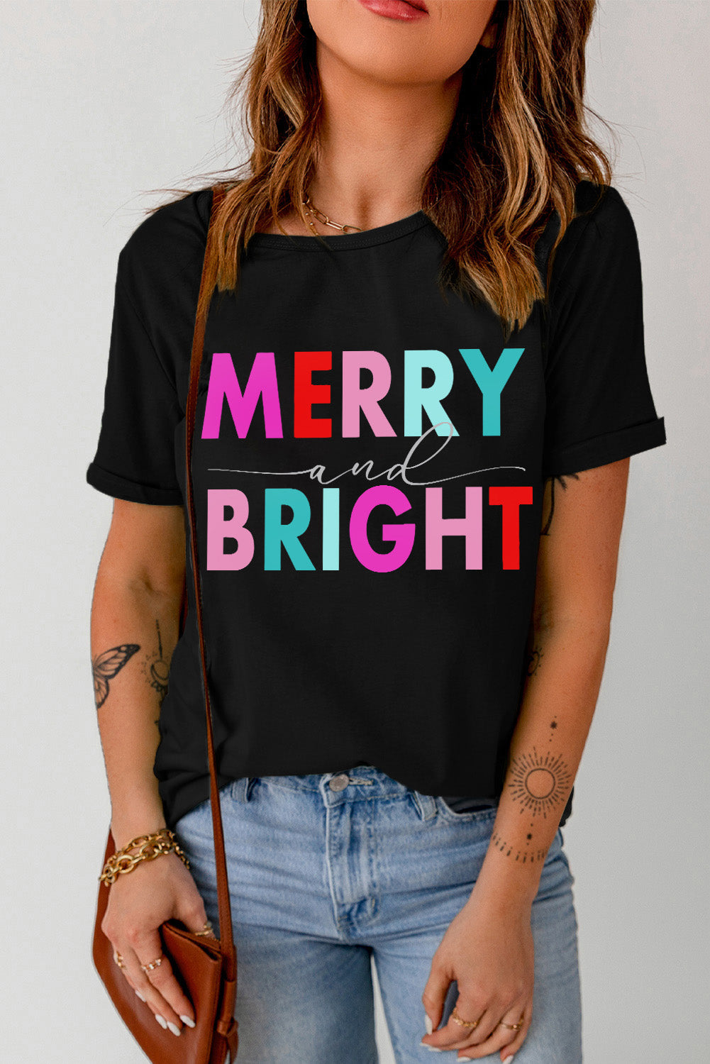 Women's MERRY and BRIGHT Crew Neck Graphic-Print Tee