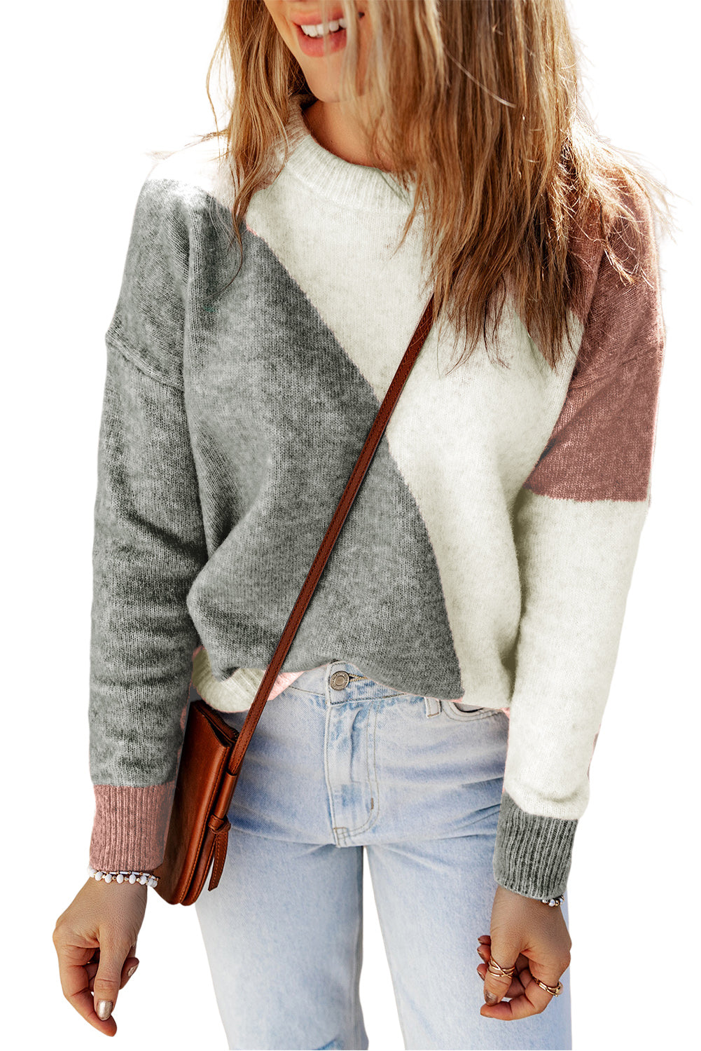 Women's Sweater Featuring Rib-Knitted Trim Round Neck