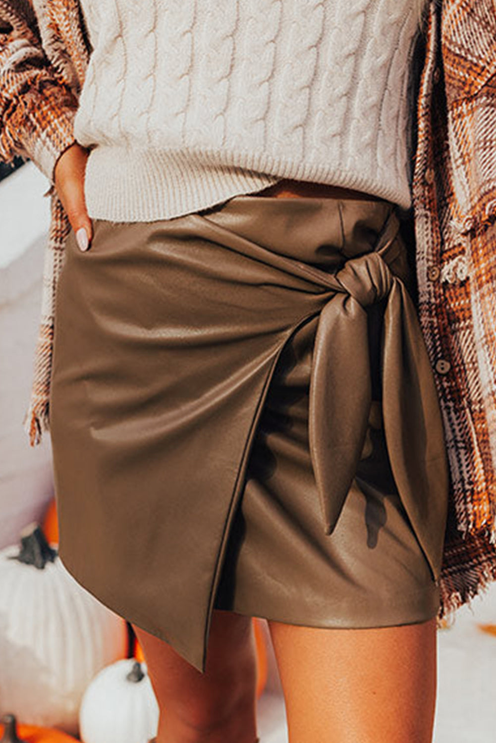 Bowknot Faux Coffee Faux Leather Mini Skirt