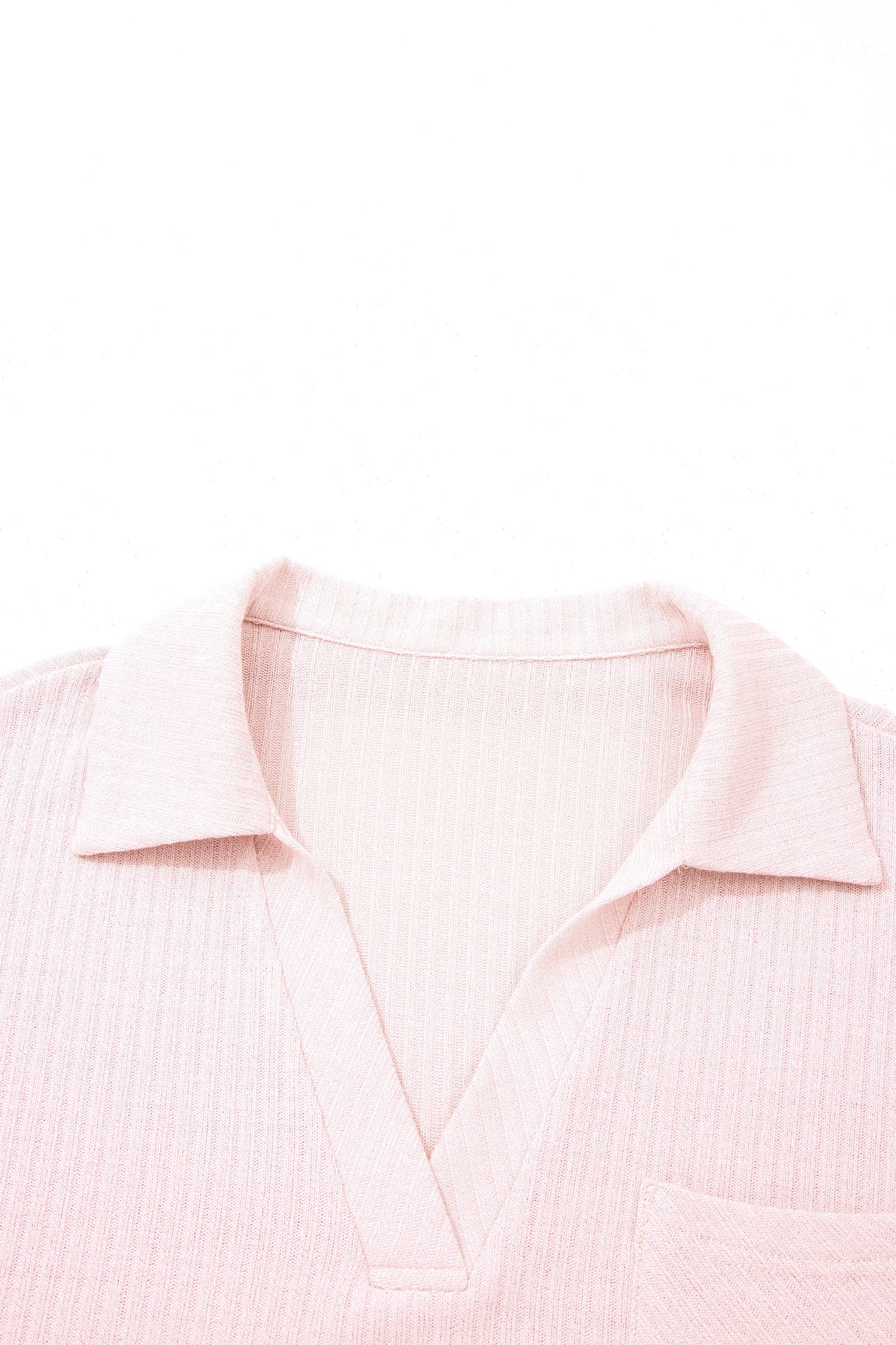 Rib-Knit Collared V-Neck Tee in Light Pink