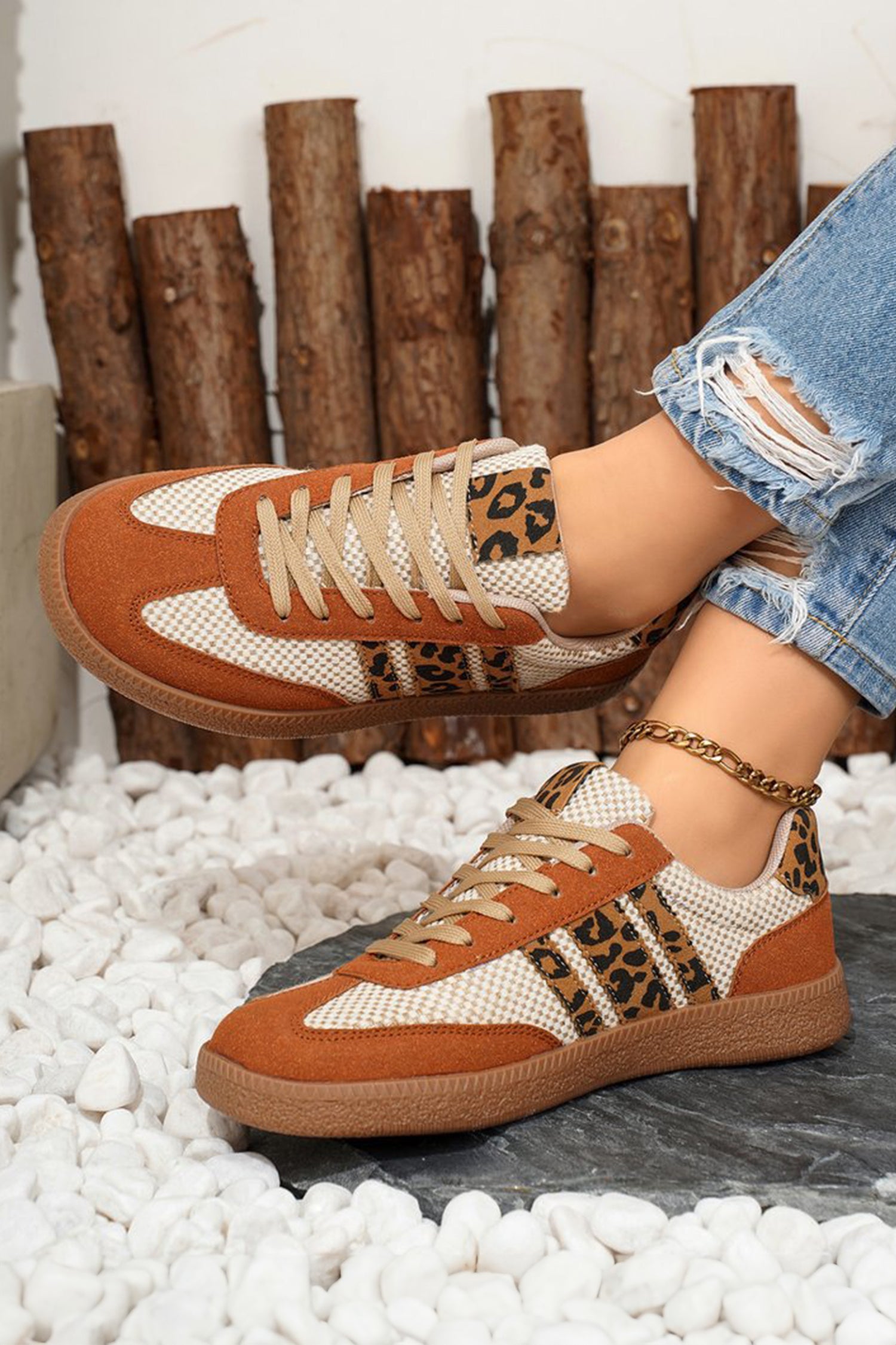 Checkered Leopard Colorblock Patchwork Lace Up Sneakers