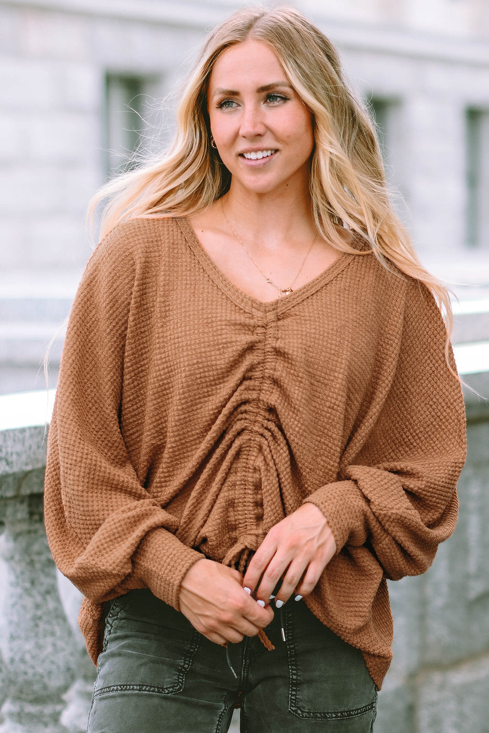 Knit Top for Women Drawcord Waffle V Neck