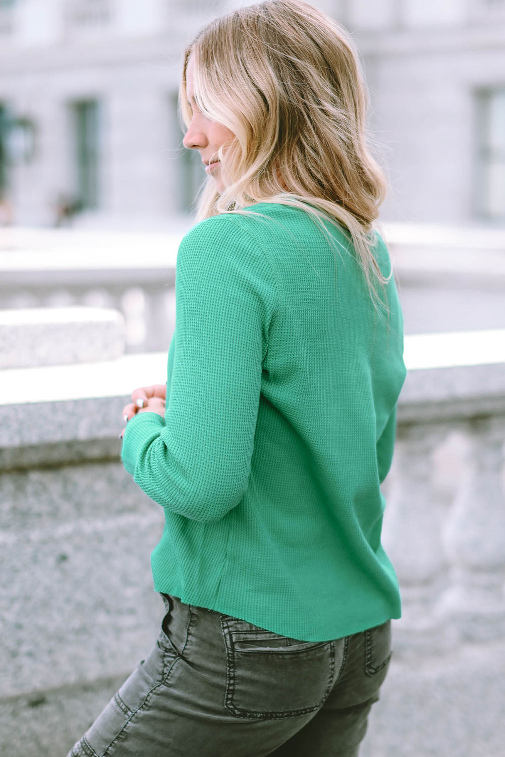 Women's Henley Top with Trimmed Waffle Knitted