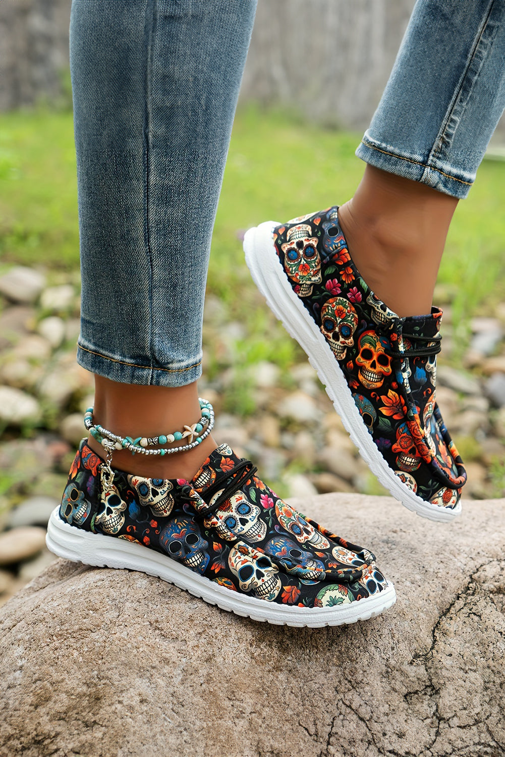 Sugar Lace-up Skull Print Detail Halloween Flat Shoes