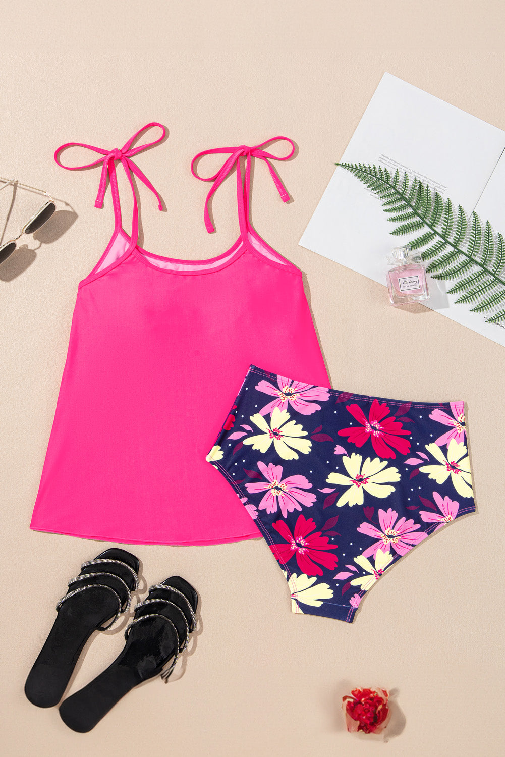 Tie Shoulder Floral Print Cute Tankini Set