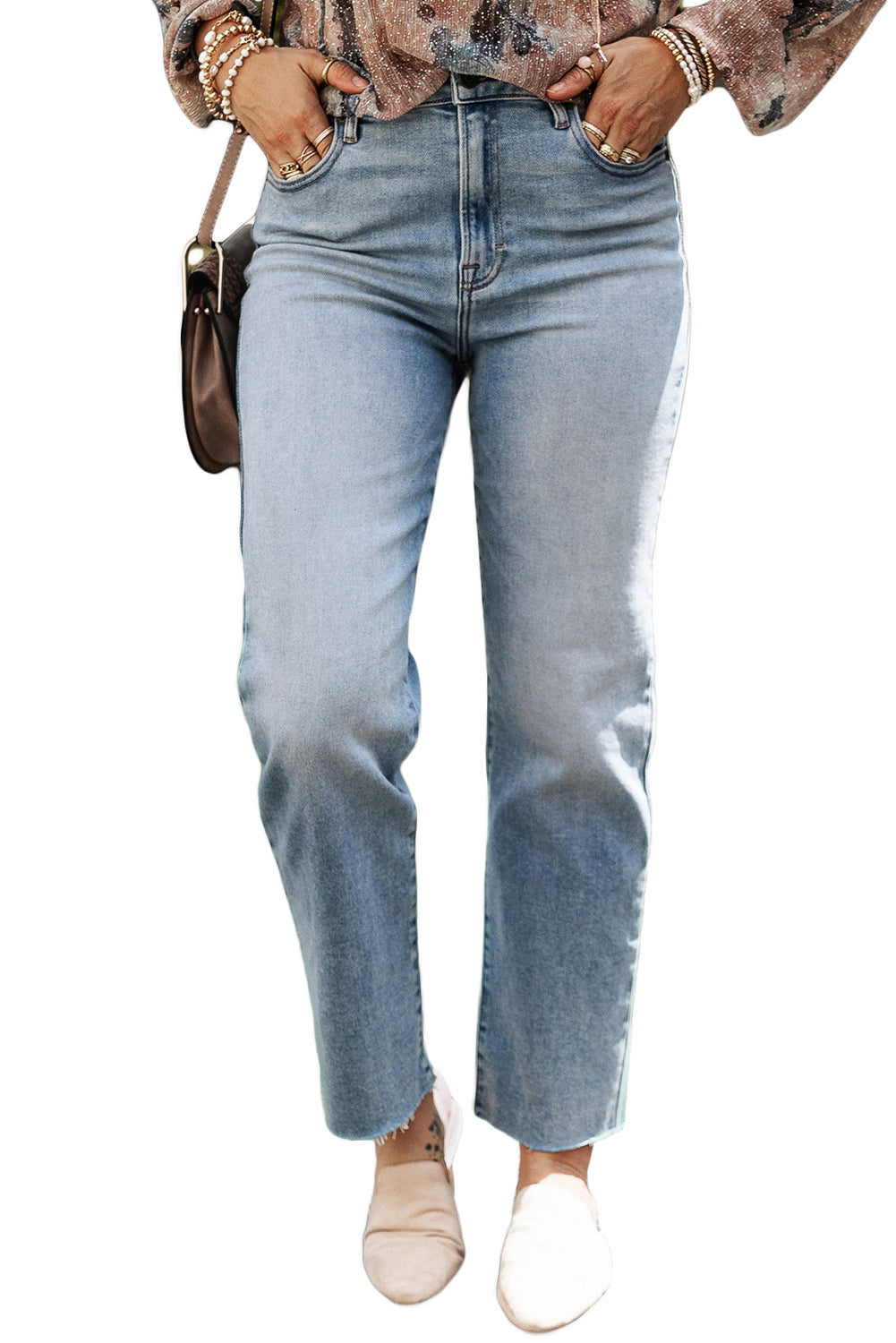 Women's Acid Wash Raw Edge Straight Jeans