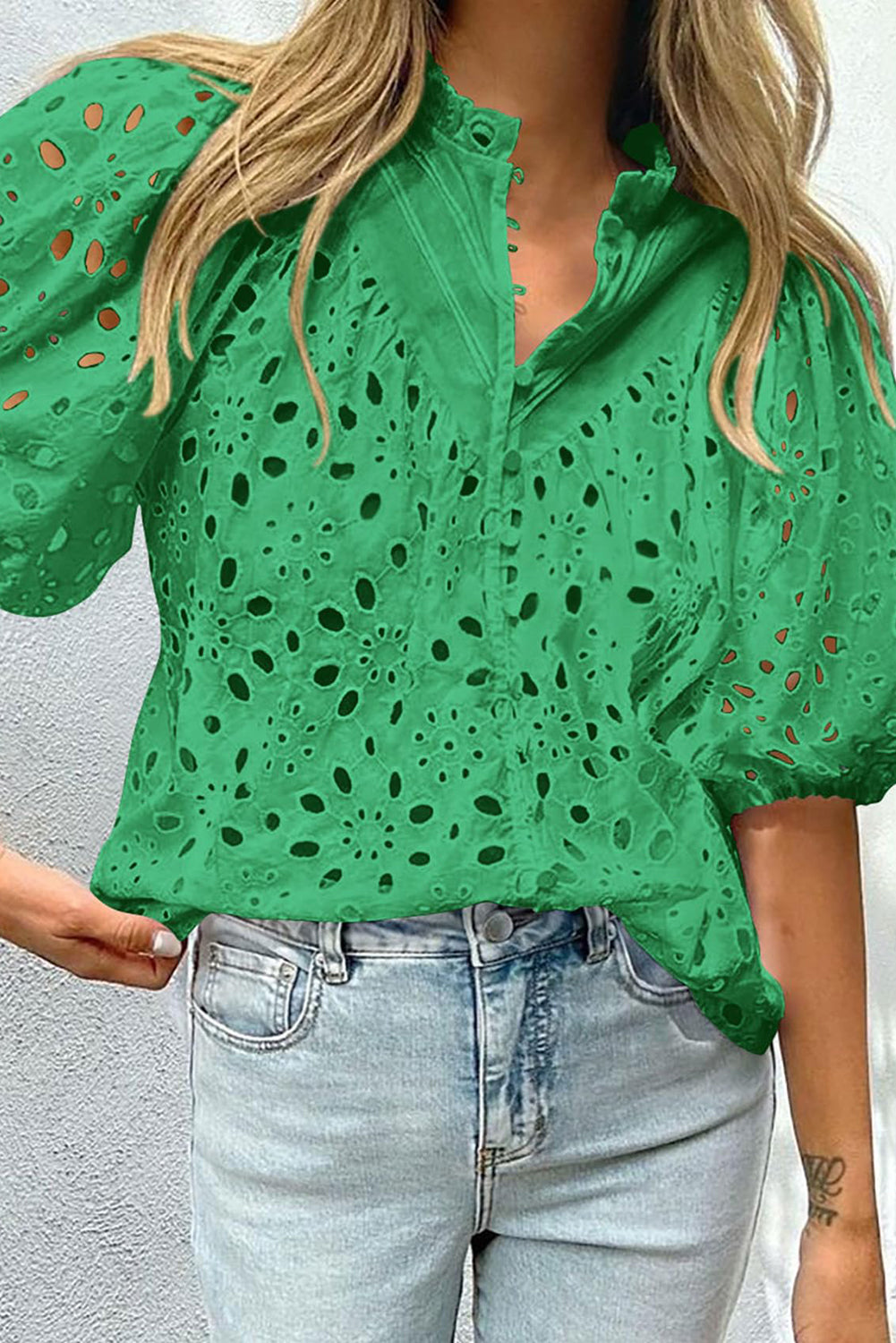 Women's Blouse with Hollow-out Balloon Sleeve