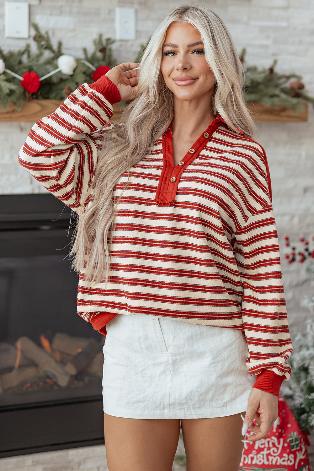 Button-Front V-Neck Collared Drop-Shoulder Top