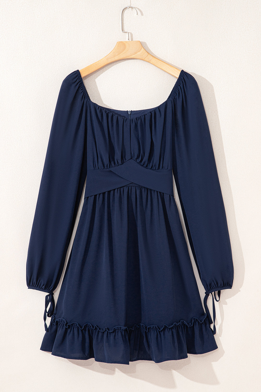 Plain Ruffled High-Waisted Square Neck Mini Dress in Blue