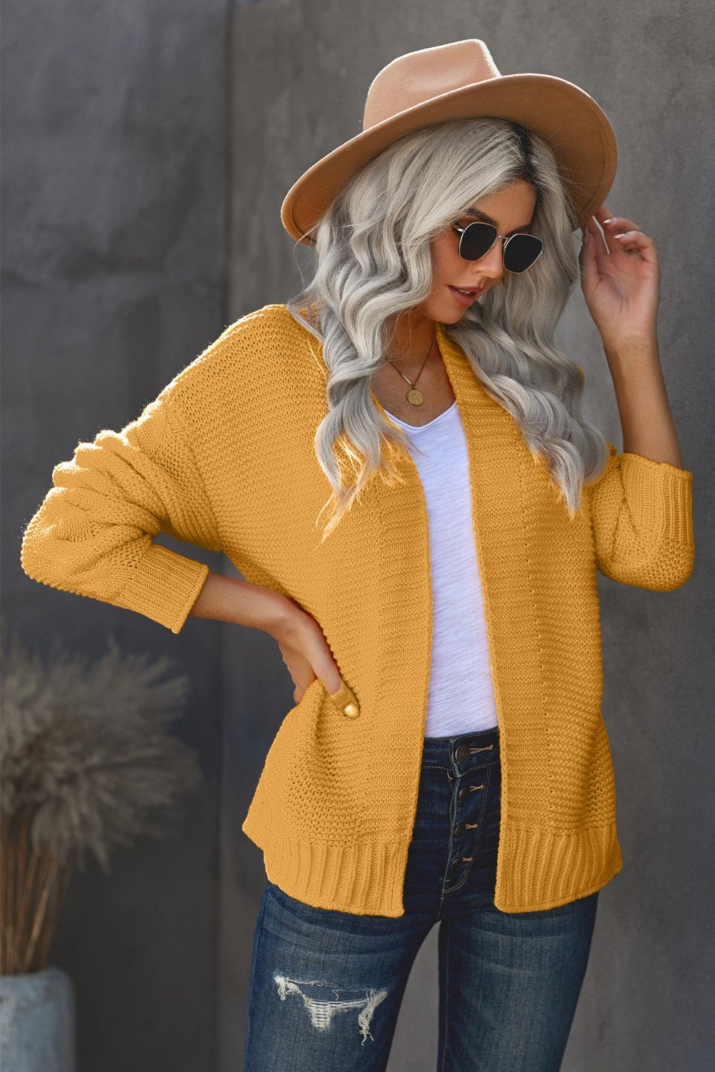 Women's Knit Cardigan with Women's Yellow Open Front Chunky