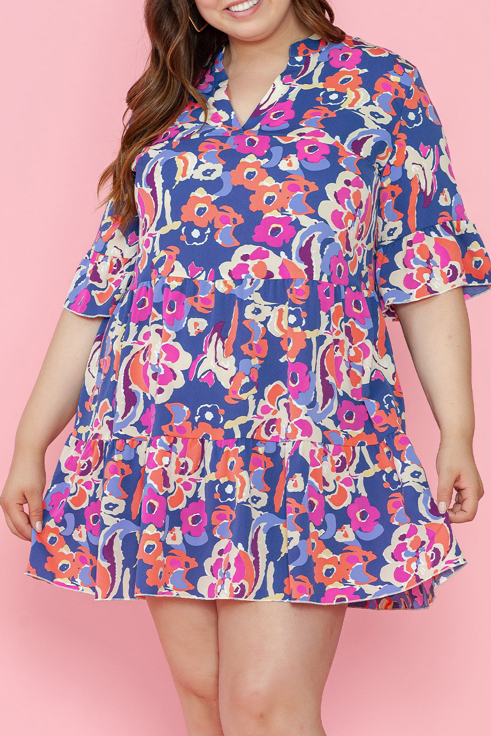 Women's Mini Dress with Ruffle-Trimmed Three-Quarter Sleeve Plus Size Floral-Print Print
