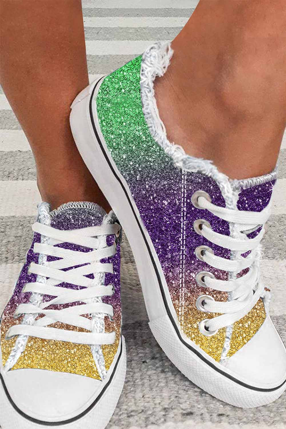 Shiny Hem Gradient Raw Lace-up Flat Canvas Shoes