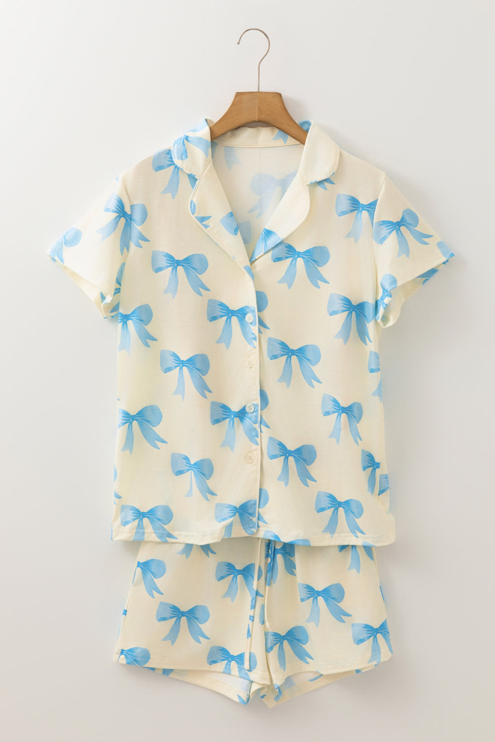Printed Short-Sleeved Bow Short-Sleeved Shirt Shorts Pajama Set
