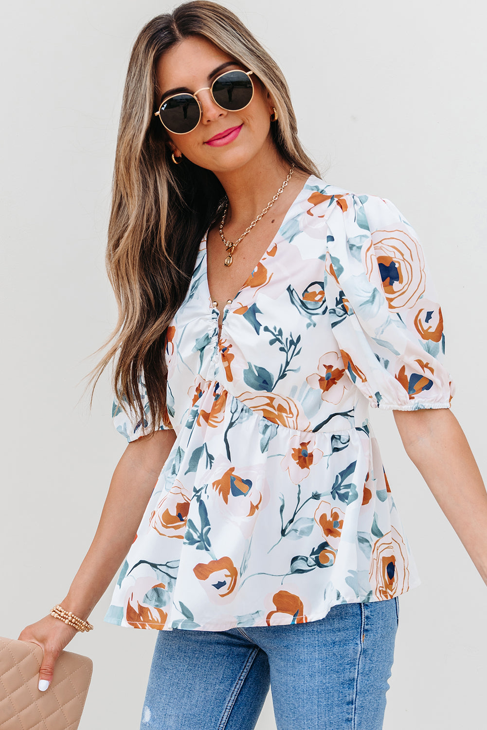 Floral-Print Puff Sleeve V-Neck Babydoll Blouse