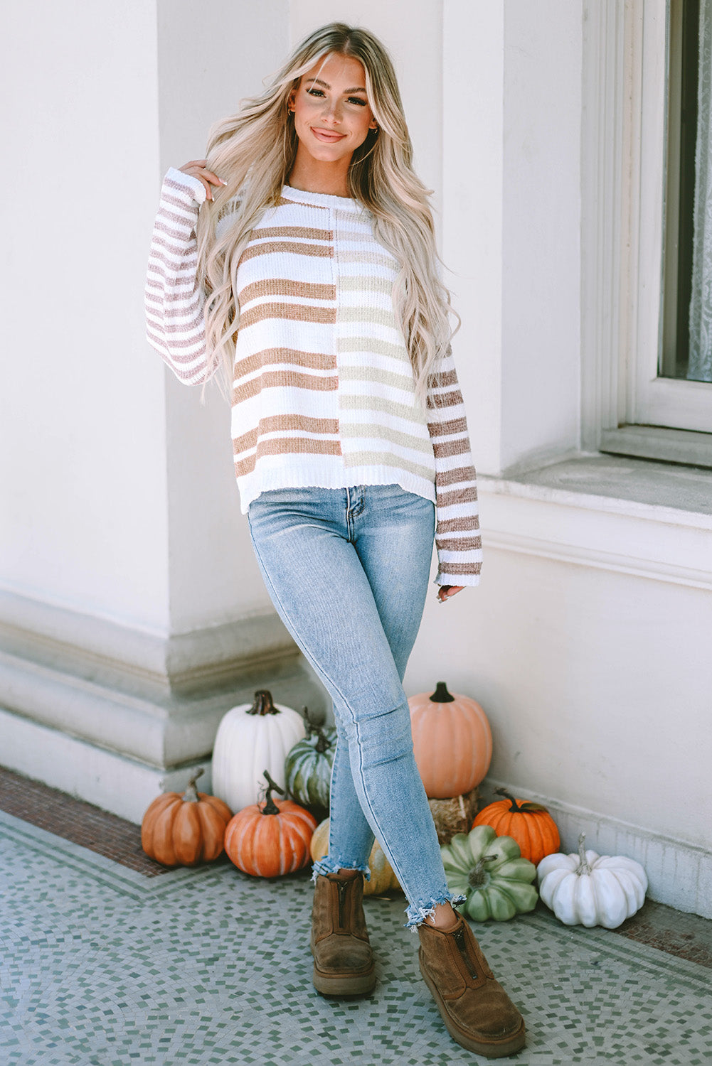 Women's Stripe Slouchy Blocked Dropped-Shoulder Sweater