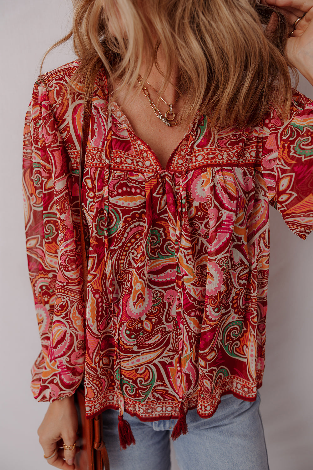 Paisley Print Ethnic Print Tassel Tie Puff Sleeve Boho Blouse