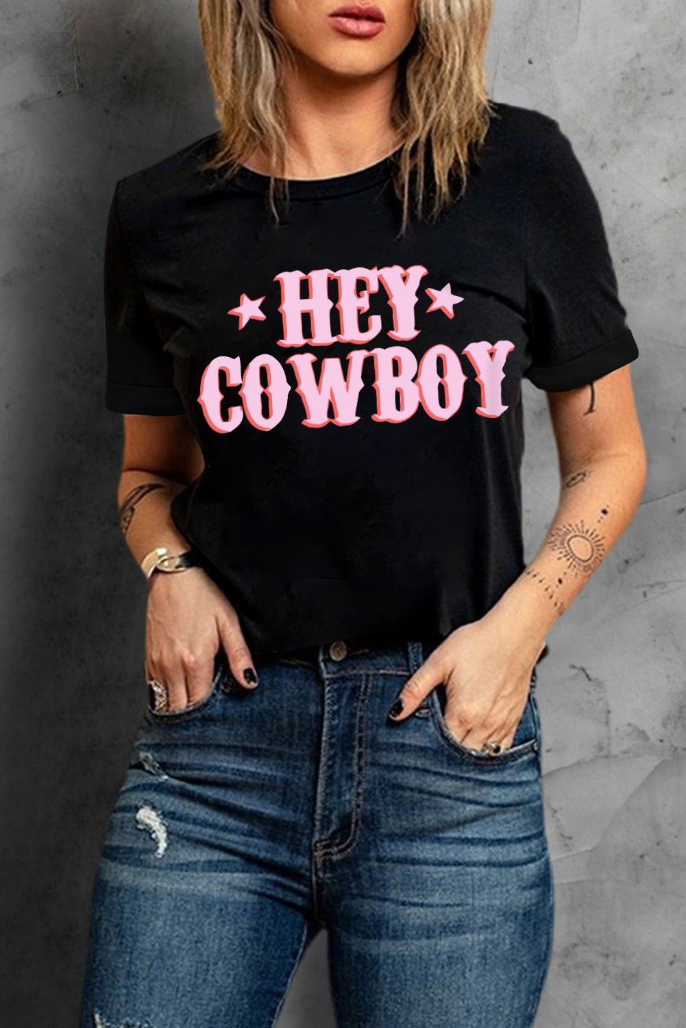 Women's T-shirt Featuring HEY COWBOY Graphic-Print Crew Neck