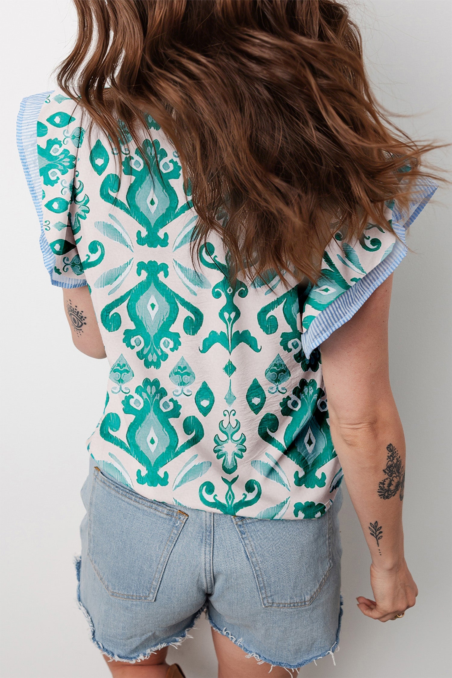 Ethnic Trim Print Striped Flutter Sleeve Top