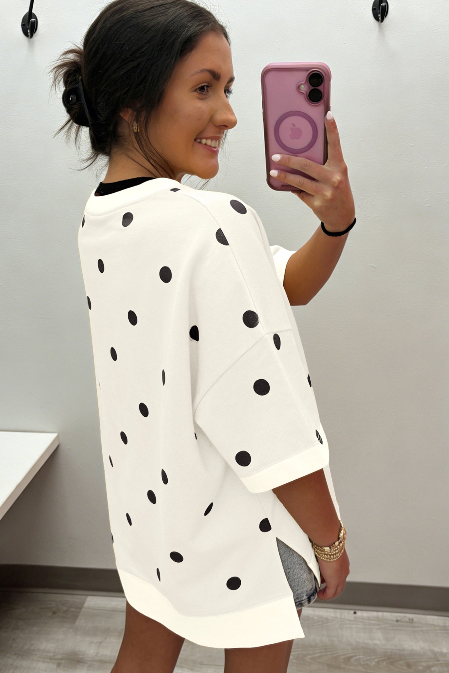 Crossed Polka-Dot Print Seam Detail Oversize Tee in Beige