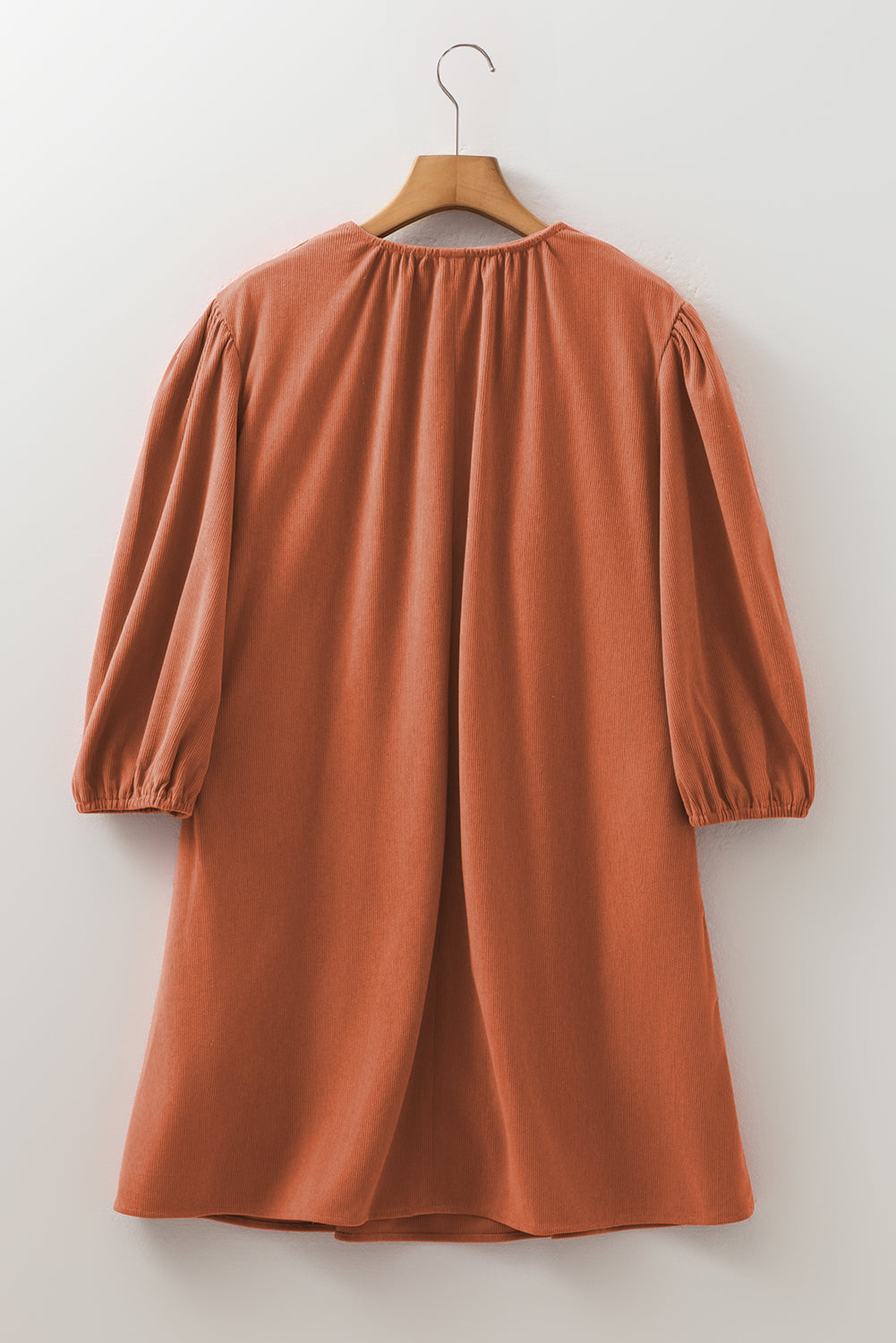 Split Bracelet Sleeve Neck Scallop Detail Pleated Corduroy Mini Dress