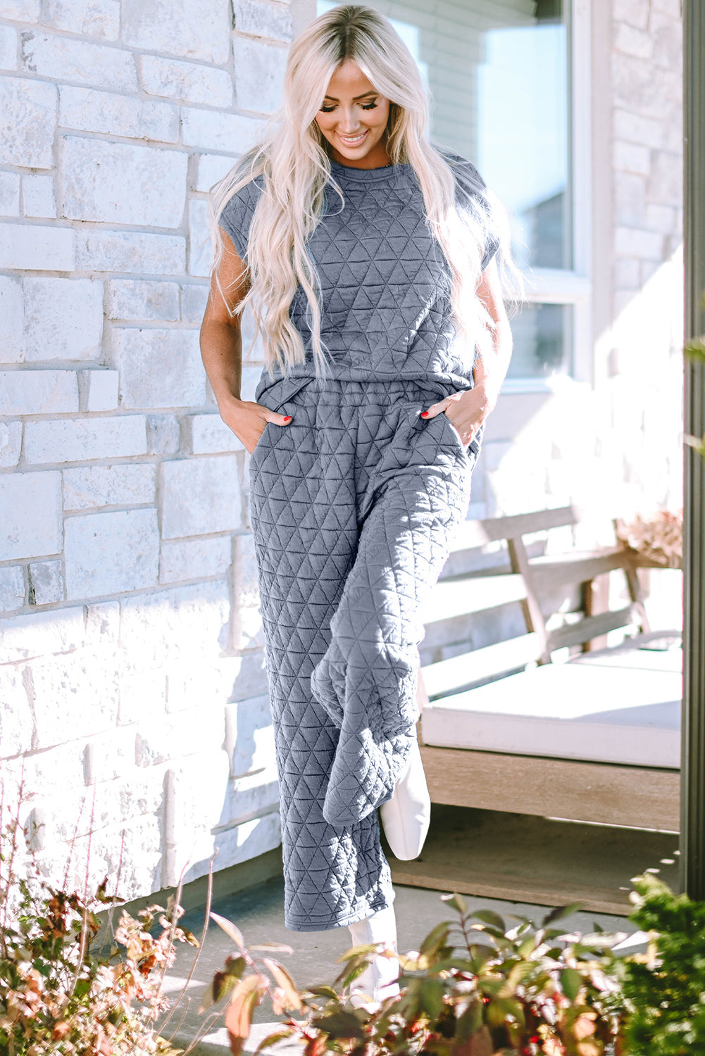 Women's Pants Set Featuring Short-Sleeve Wide-Leg