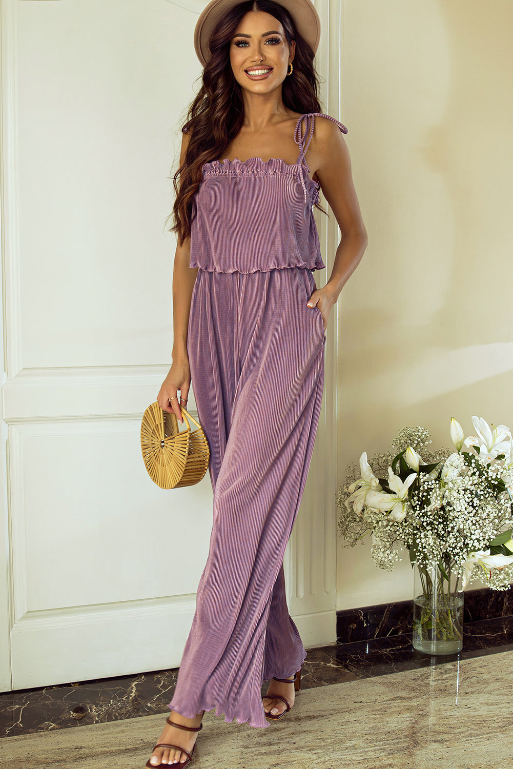Women's Leg Jumpsuit with Straps Pleat-Detail Wide Tie-Front