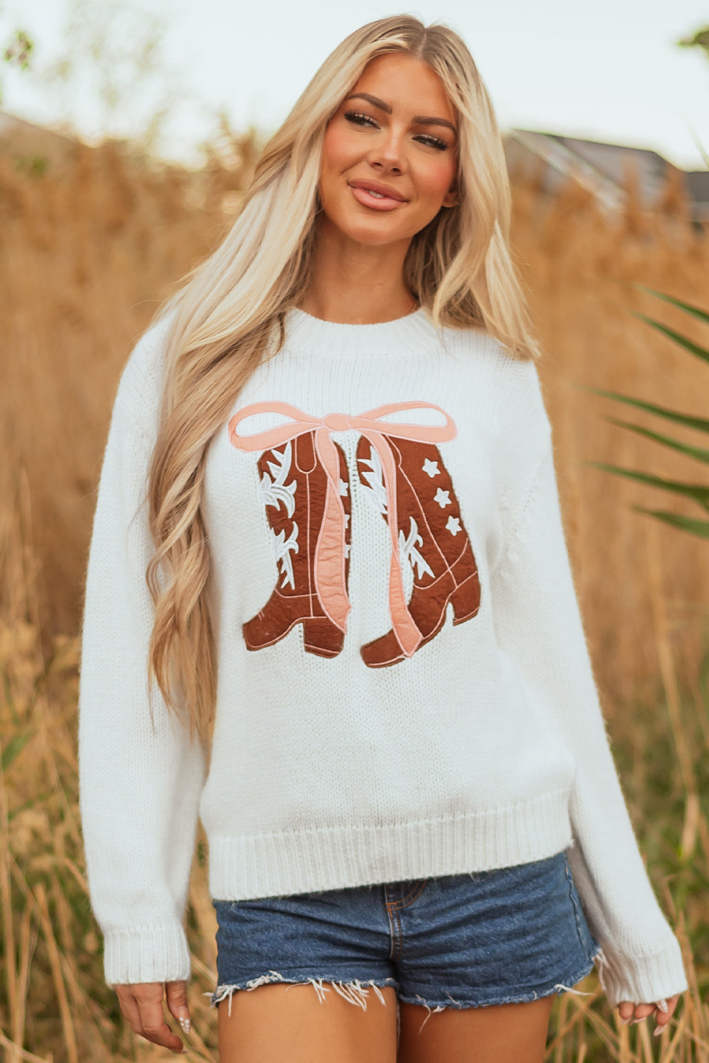 Embroidered Graphic Bow Boots Drop-Shoulder Knit Top