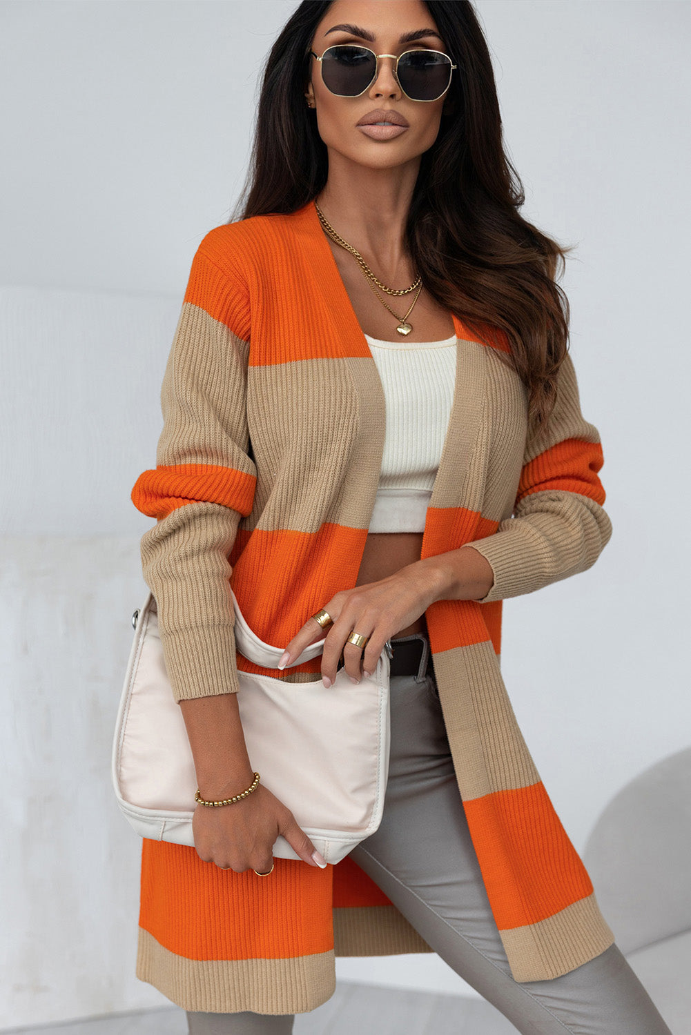Women's Color-Block Rib-Knitted Knit Cardigan