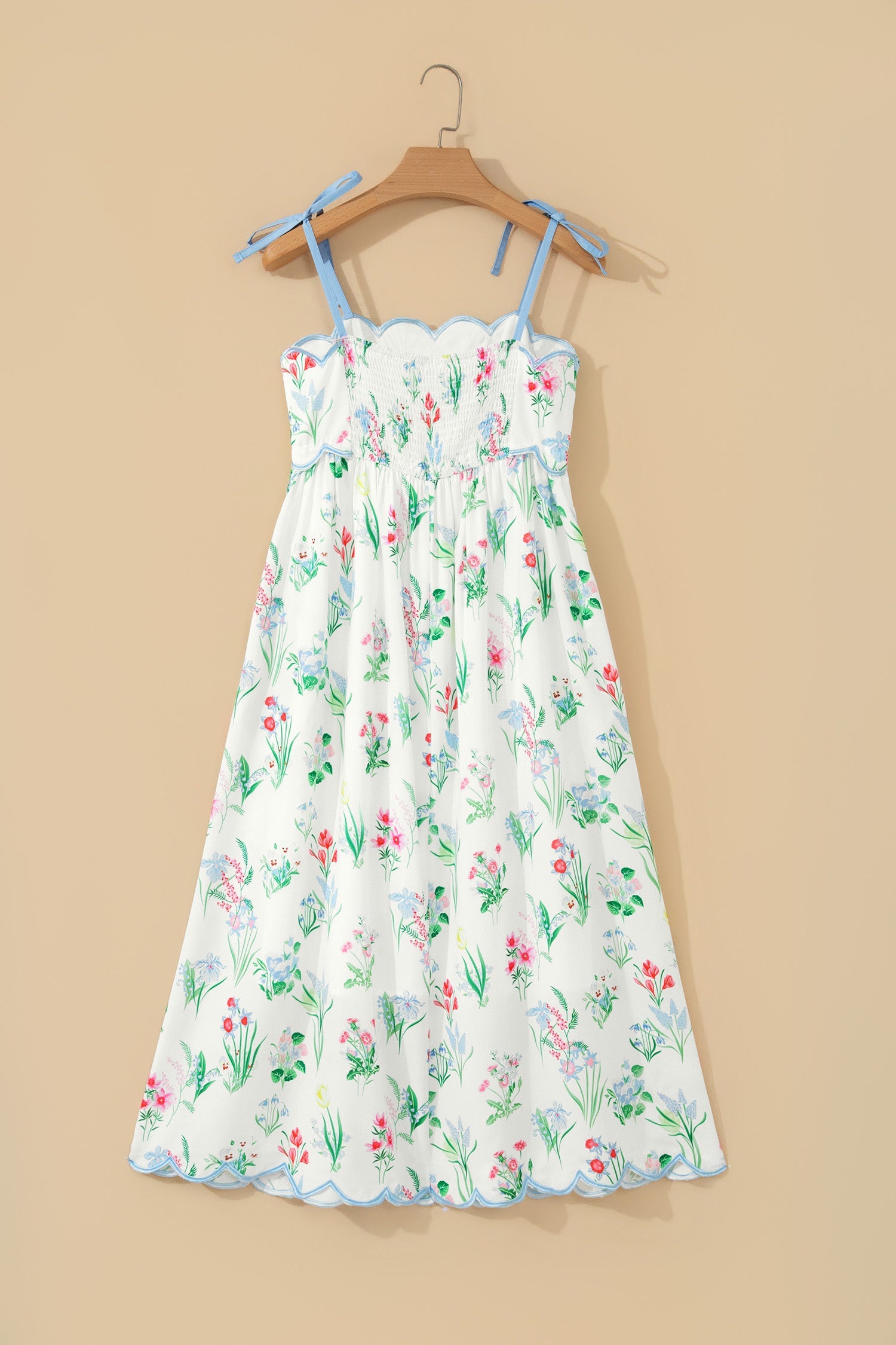 Floral-Print Straps High-Waisted Midi Dress in Beige