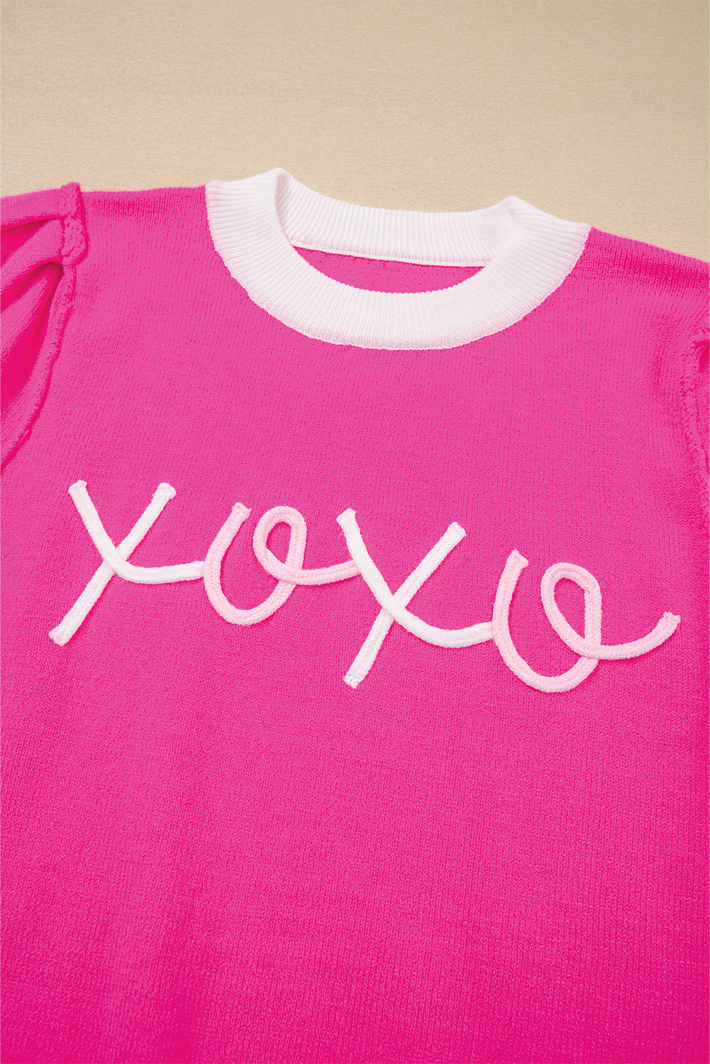 Graphic XOXO Embroidered Valentines Contrast Trim Crew-Neck Short Puff Sleeve Knit Top Tee