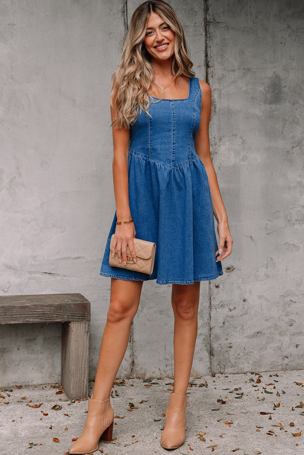 Neck Bowknot Square Bowknot A-line Sleeveless Denim Dress