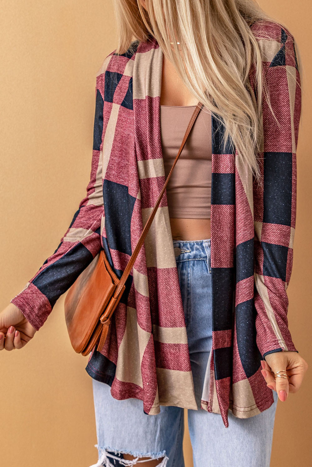 Women's Cardigan with Draped Open Front Plaid